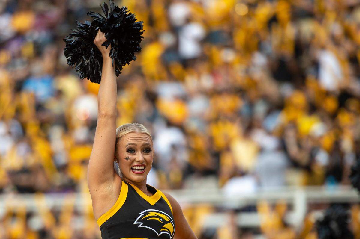A cheerleader celebrates during a Southern Miss game at M.M. Roberts Stadium in Hattiesburg on Saturday, Sept. 2, 2023.