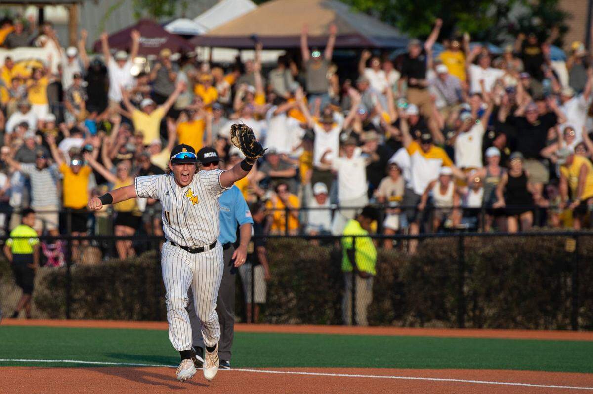 Southern Miss’s Christopher Sargent cheers as Southern Miss defeats LSU 8-7 in the NCAA Regionals at Pete Taylor Park in Hattiesburg on Monday, June 6, 2022.