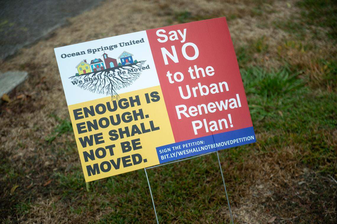 A sign that suggests residents sign a petition opposing an Urban Renewal Plan for the city of Ocean Springs is displayed in a resident’s yard on Thursday, Oct. 12, 2023.