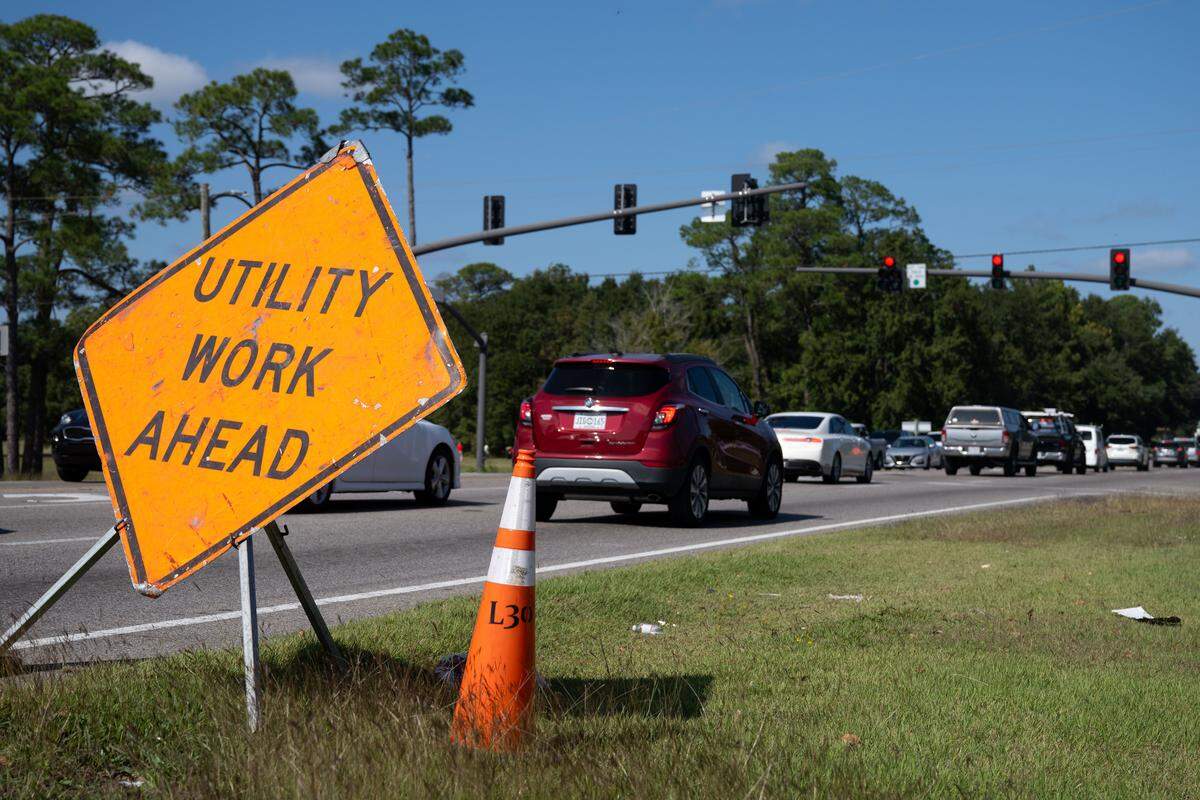 Traffic is backed up on the Fort Bayou Draw Bridge in Ocean Springs on Tuesday, Oct. 28, 2025.