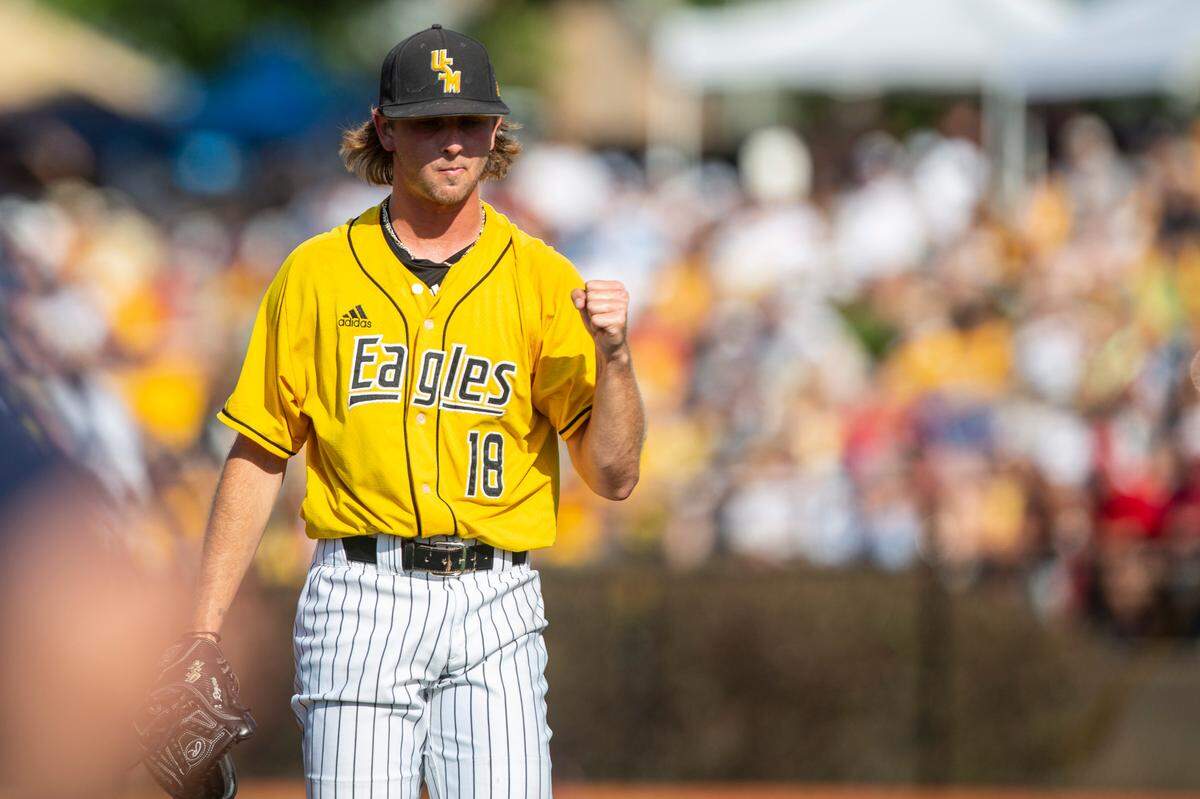 Southern Miss’s Dalton Rodgers pumps his fist after an inning during the Super Regionals Final at Pete Taylor Park in Hattiesburg on Sunday, June 12, 2022.