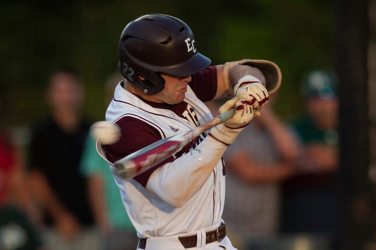 East Central’s TJ Dunsford hits a pitch in the 5A South State championship game at East Central High School in Hurley on Tuesday, May 23, 2023.