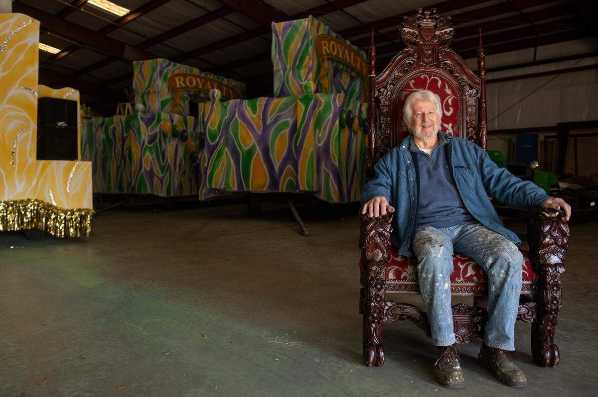 Doug Blom poses for a portrait at the Gulf Coast Carnival Association Mardi Gras’ float den in Biloxi on Wednesday, Jan. 10, 2024. Blom has been designing, building and decorating floats in Biloxi for decades.