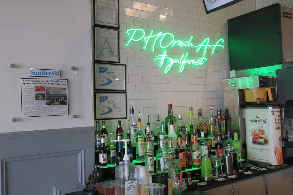 Fresh Vietnamese Bistro & Teahouse opened in August 2020. At first, the menu focused on Vietnamese favorites, but owner Kieu Tran, who grew up in New Orleans, decided they had to add seafood, too. A sign near the restaurant’s bar reads “PHOresh Af #gulfcoast.”