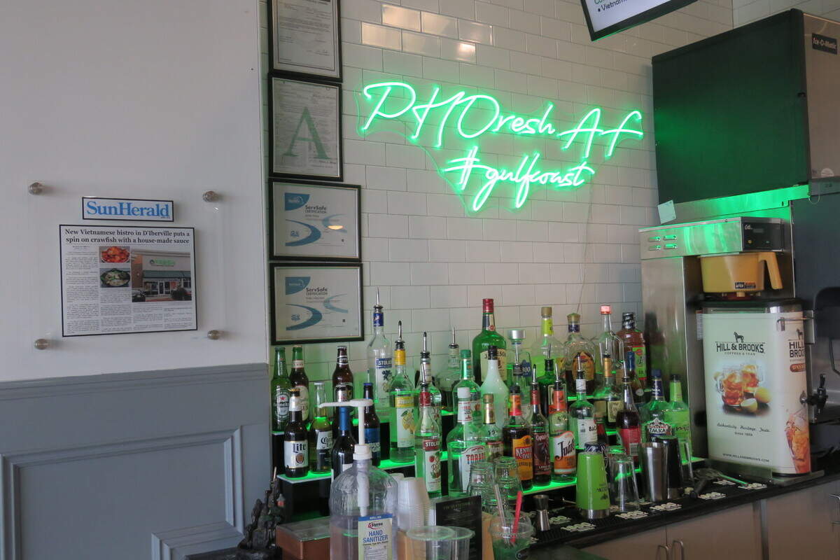 Fresh Vietnamese Bistro & Teahouse opened in August 2020. At first, the menu focused on Vietnamese favorites, but owner Kieu Tran, who grew up in New Orleans, decided they had to add seafood, too. A sign near the restaurant’s bar reads “PHOresh Af #gulfcoast.”