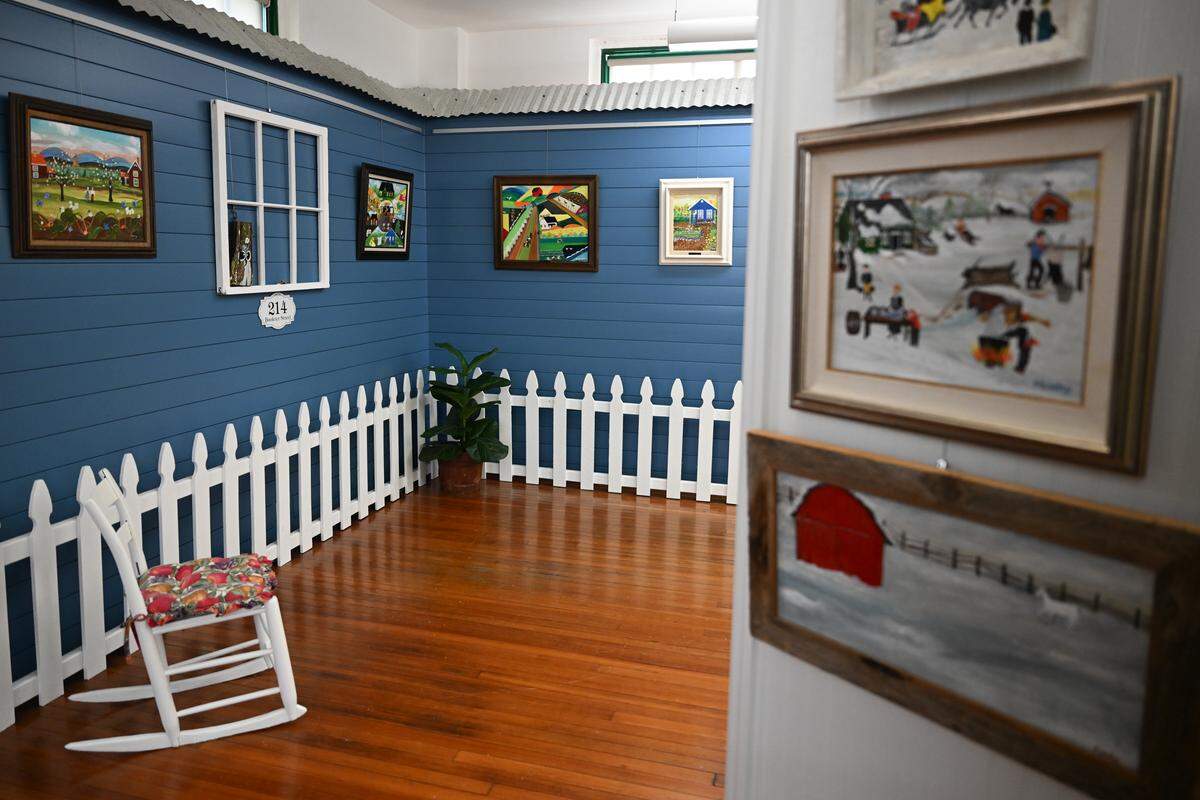 Paintings made by Alice Moseley are displayed at the Alice Moseley Folk Art Museum in Bay St. Louis on Wednesday, Aug. 27, 2025.