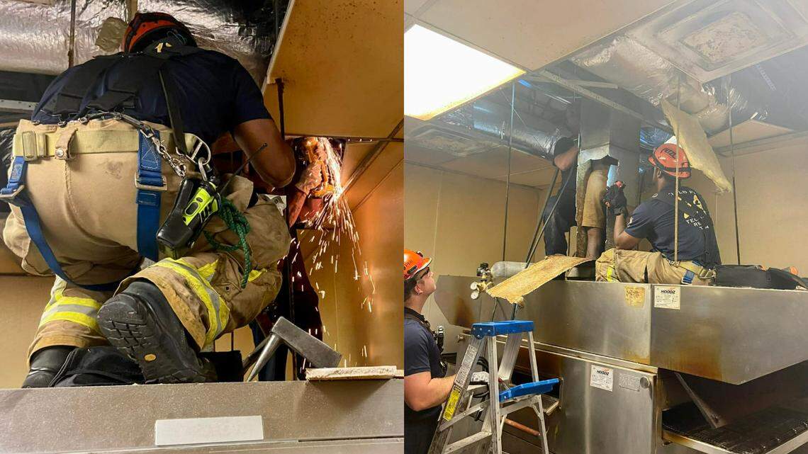 A man had to be cut free after getting stuck in an oven vent at a Little Caesars restaurant in DeKalb County, Georgia, authorities said.