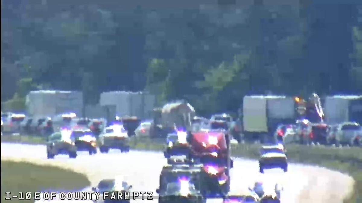Traffic on Interstate 10 in Gulfport is blocked after a wreck involving a pedestrian near the 29-mile marker.