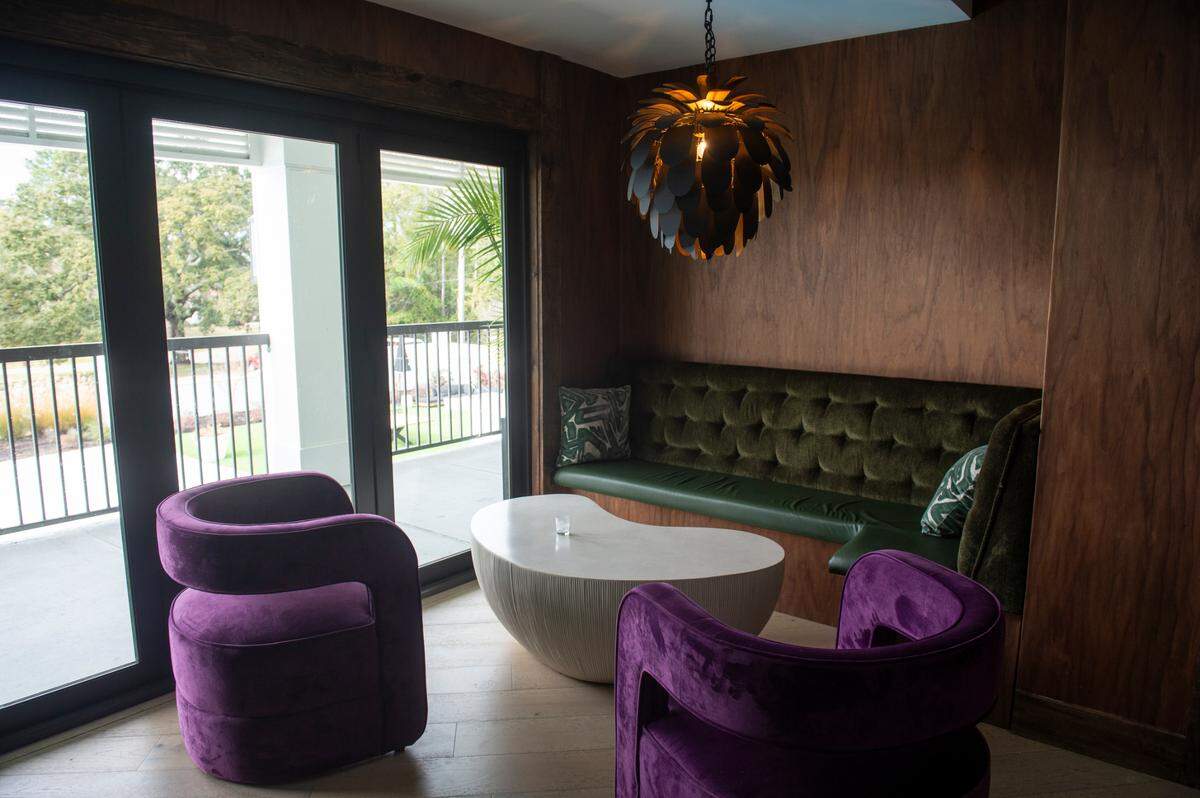 A seating area at the Sunset Lounge, a cocktail bar, at the newly renovated Gulf Hills Hotel and Resort in Ocean Springs on Thursday, Jan. 11, 2024.