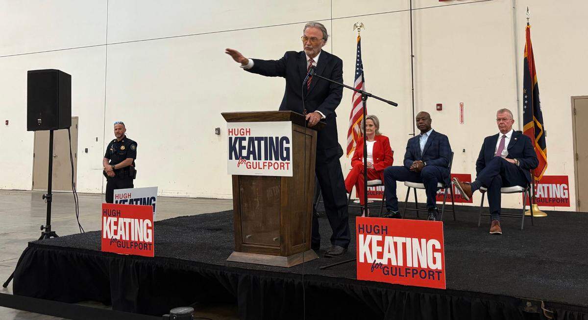A crowd gathered Friday, May 30, 2025, in support of Hugh Keating’s bid to become Gulfport’s new mayor.