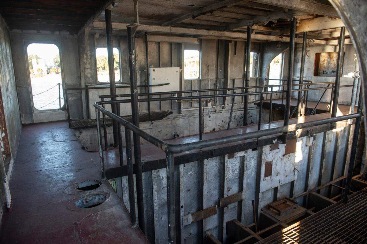 The inside of the old tugboat that will become an artificial reef in the Gulf of Mexico. The engines had to be removed as part of the environmental process of preparing the boat for sinking.