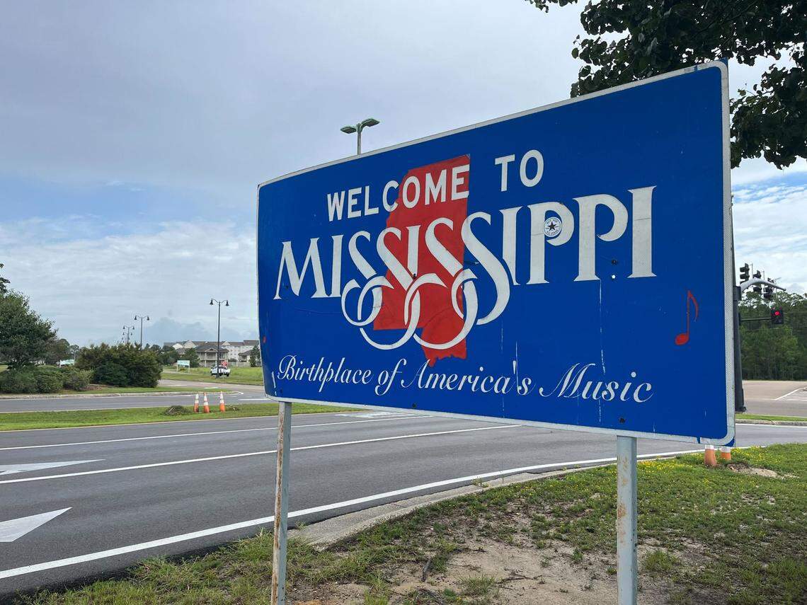 This “Welcome to Mississippi” sign stands near the Gulfport-Biloxi International Airport on July 19, 2024.
