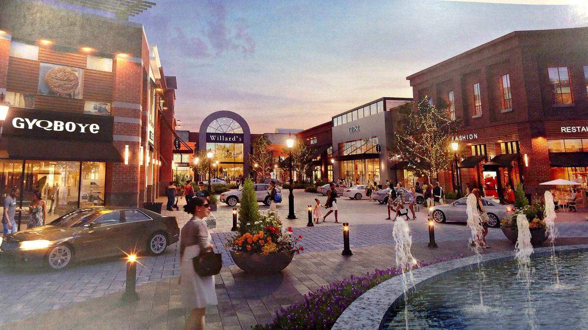An artist's rendering of the proposed Gulf Coast Galleria shows a mix of shops, restaurants and water features. 