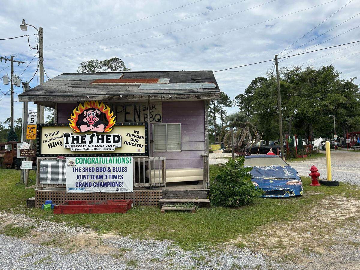 Signage at The Shed Barbecue and Blues Joint in Ocean Springs, Mississippi.