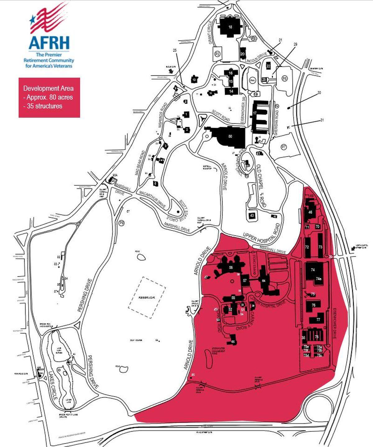 The Armed Forces Retirement Homes administration is looking for proposals at the Washington, D.C. site to build a mixed-use development in the 80 acres marked in red. The revenue would help support the AFRH.