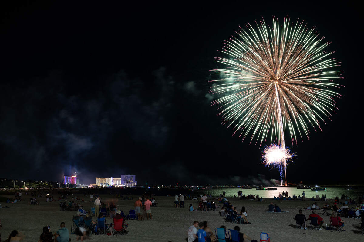 Fireworks are shot into the air during the annual show over the Mississippi Sound on Saturday, July 4, 2026.