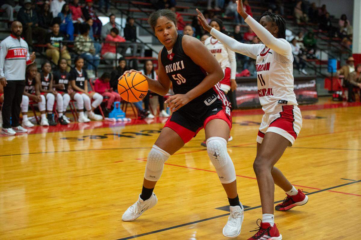 Biloxi’s Zaniya Johnson defends the ball from Harrison Central’s Saniyah Murray during a game against Harrison Central at Harrison Central High School in Harrison County on Tuesday, Dec. 12, 2023.