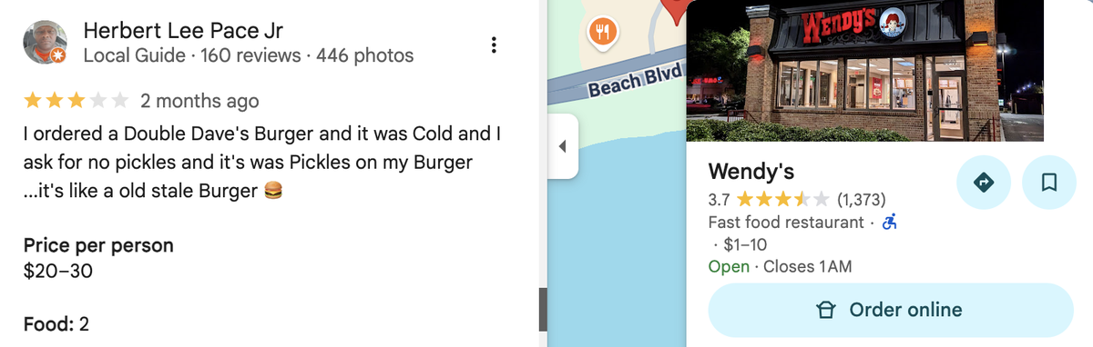 The Wendy’s at 2640 Beach Blvd has a Google rating of 3.7 stars.