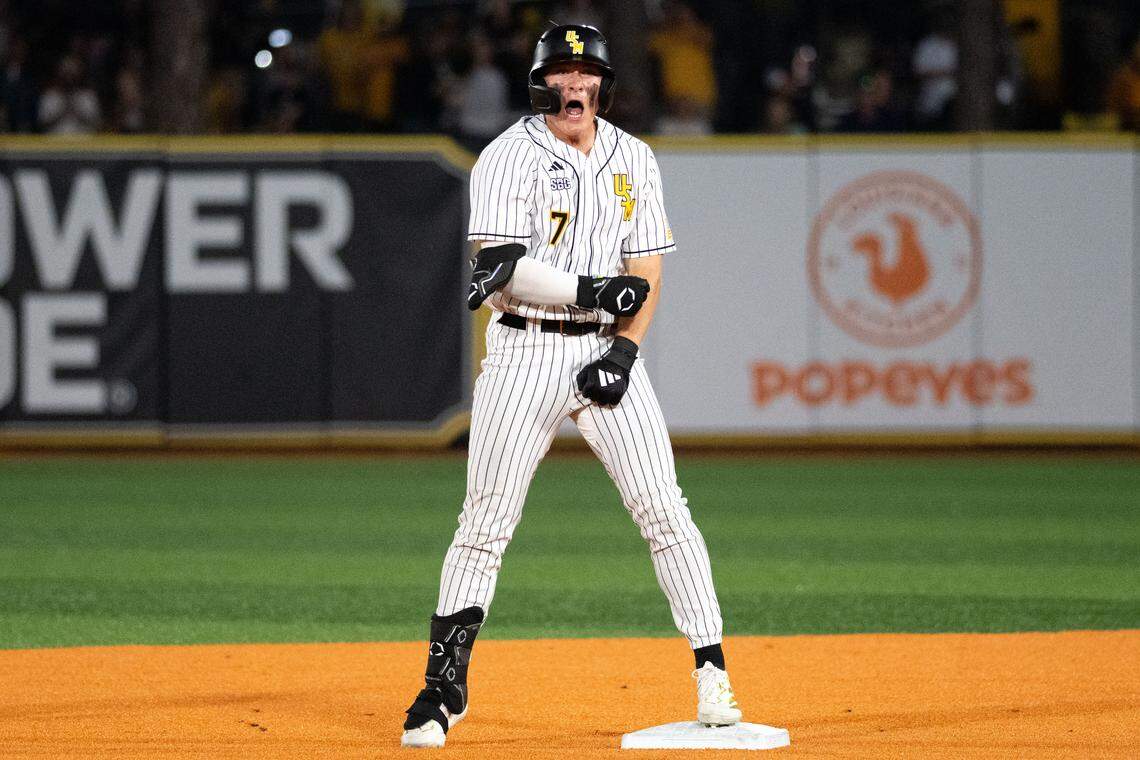 Southern Miss outfielder Ben Higdon (7) celebrates making it to second base during a baseball game at Pete Taylor Park in Hattiesburg on Tuesday, March 3, 2026.
