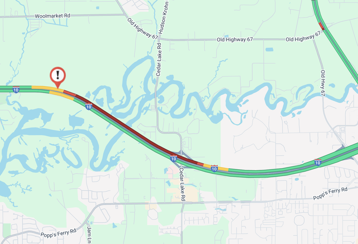 A Mississippi Department of Transportation traffic map shows westbound backups after Cedar Lake Road. Police said all westbound lanes are closed past the exit after a semi-truck rolled over Thursday morning.