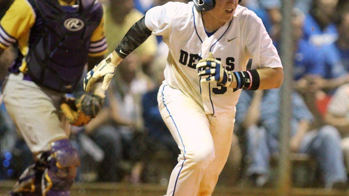 JOHN FITZHUGH/SUN HERALD 
 Pearl River Central's Hayden Dunhurst runs to first with a single against Hattiesburg during the fifth inning of their 5A South State playoff game in Carriere on Friday May 13, 2015.