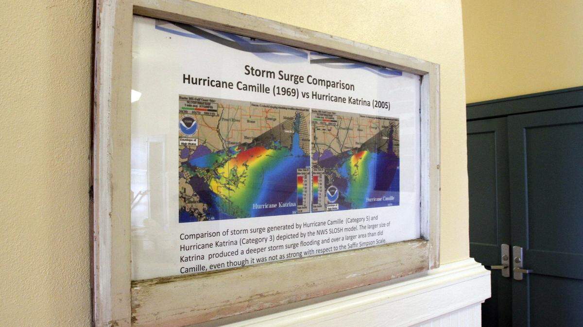 A comparative map of land fall and storm surge of Hurricane Camille and Hurricane Katrina is one of the items on display at the Ground Zero Museum in Waveland.