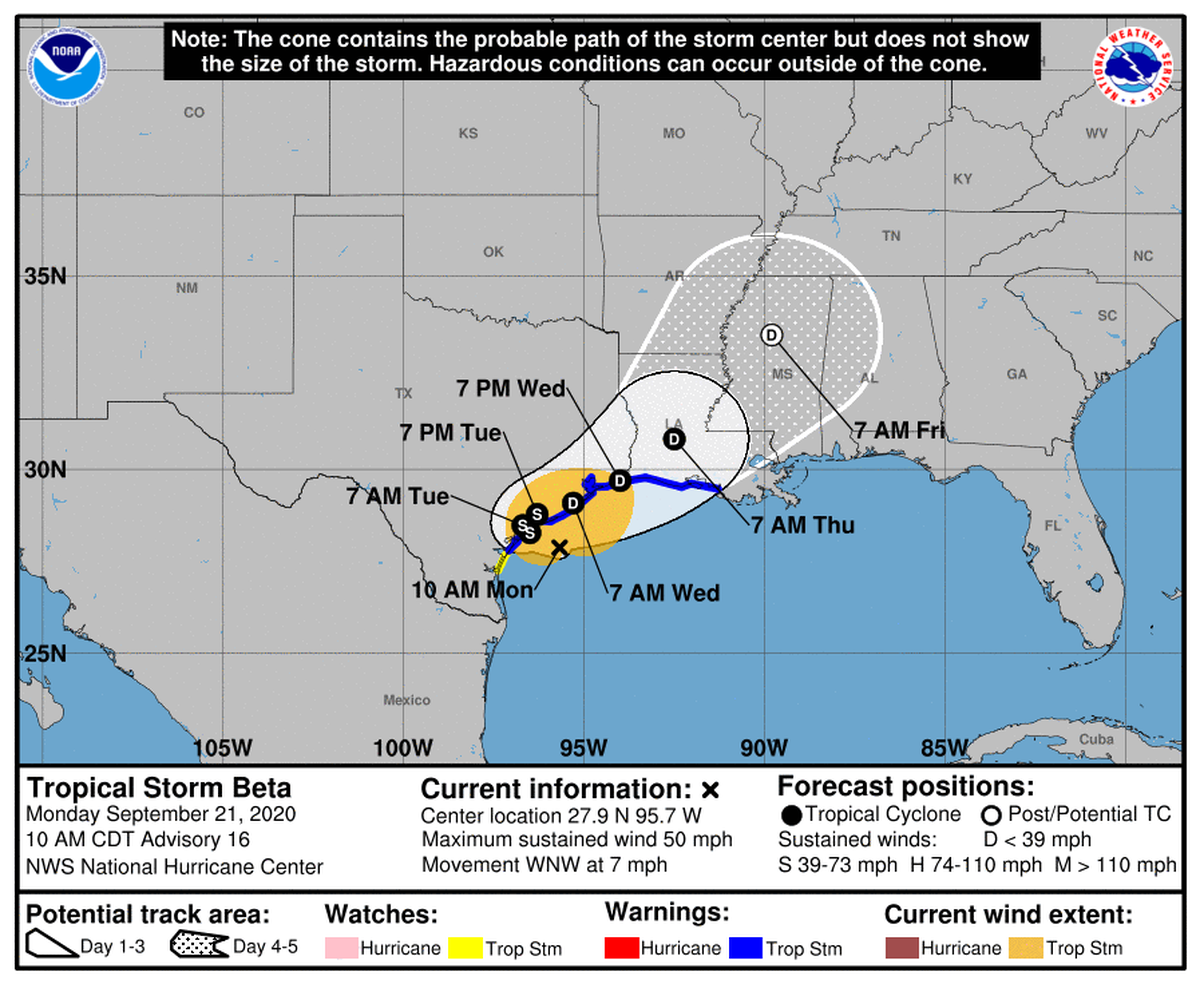 Tropical Storm Beta could bring three to five inches of rain to the Mississippi Valley this week as the system takes aim at coastal Texas and southeast Louisiana, forecasts show.