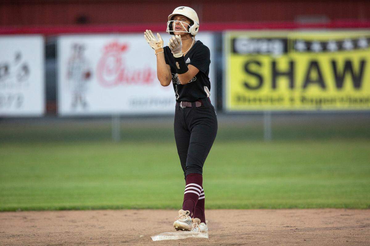 George County’s Hadleigh Tatum reacts during a softball game between George County and Hancock at Hancock High in Kiln on Tuesday, March 18, 2025.