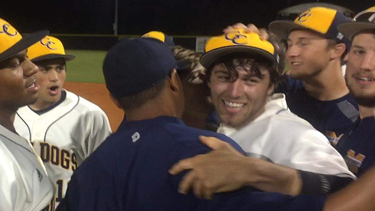DON HAMMACK/MGCCC 
 Mississippi Gulf Coast freshman pitcher Dylan Mills-Derouen celebrates his no-hitter against East Central on Tuesday at D'Iberville High School.