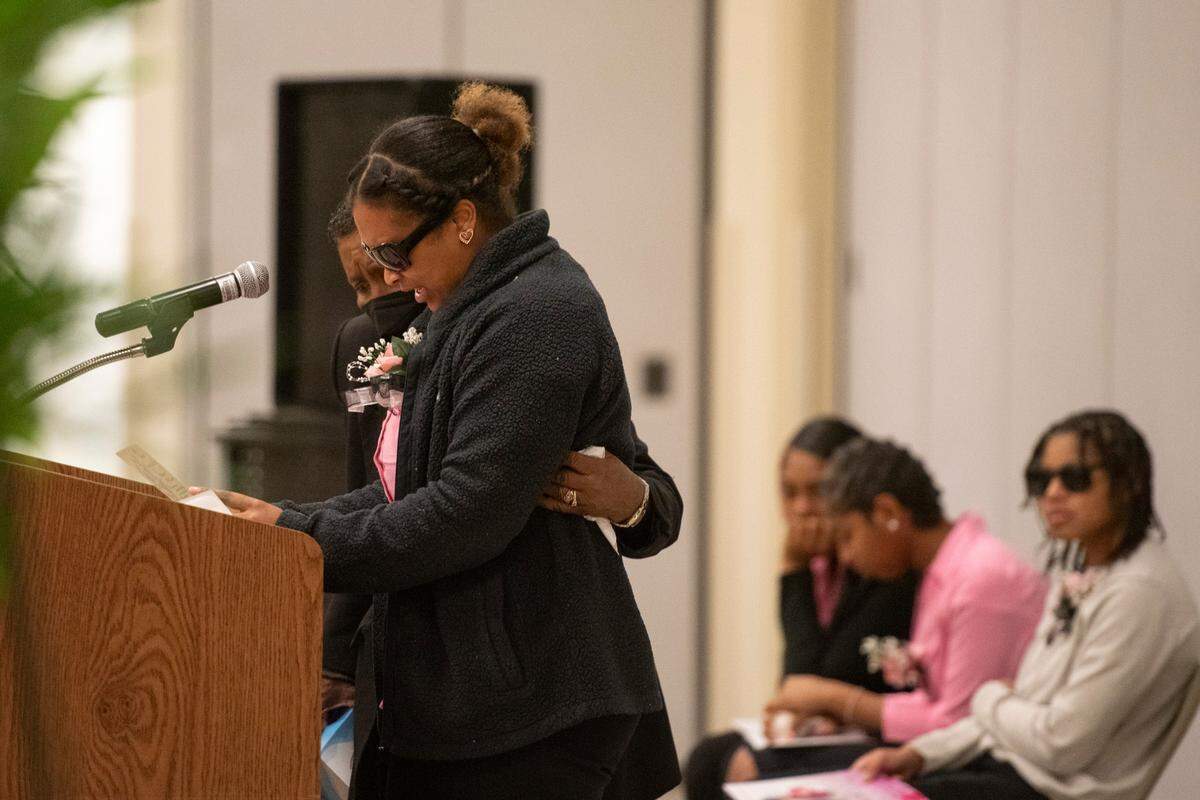 Family members of Ni’Kyra Dedeaux react as a tribute is spoken to her during her funeral at Lyman Community Center in Gulfport on Friday, Jan. 10, 2025. Dedeaux was killed in an alleged terrorist attack on Bourbon Street in New Orleans on Jan. 1.