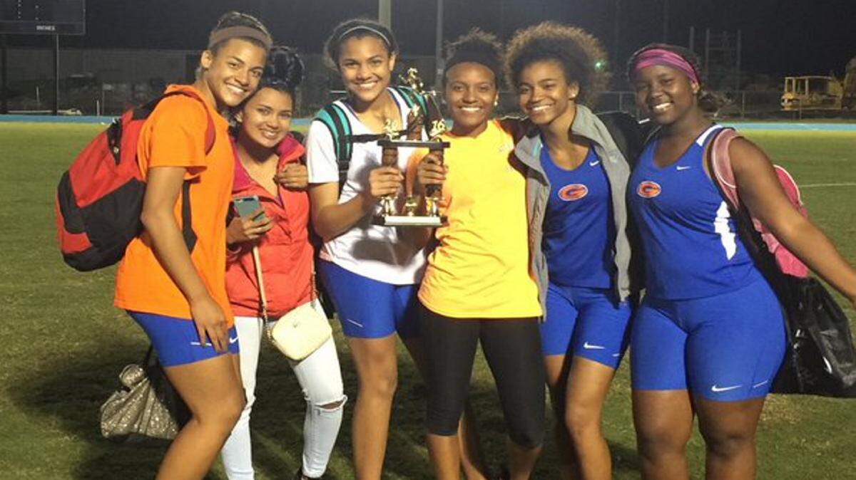 COURTESY GULFPORT ATHLETICS 
 Gulfport's Aley Woodberry, Ayianna Schwab, Tori Woodberry, Tori Powell, GeGe Keys and Trunita Keys celebrate the Lady Admirals' 7-6A track title Monday at GHS.