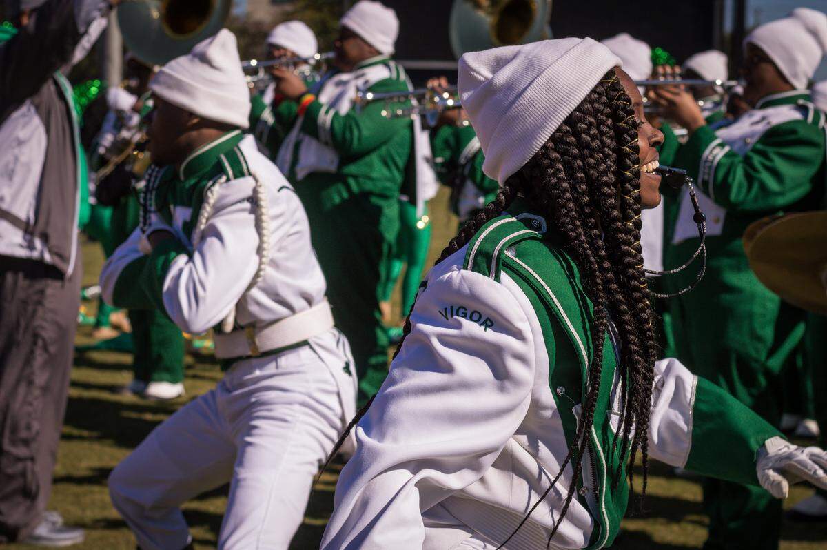 Drum majors from Vigor High School in Mobile, Alabama, leading their performance during the MLK Battle of the Bands at MGM Park in Biloxi on Martin Luther King Jr. Day 2019.