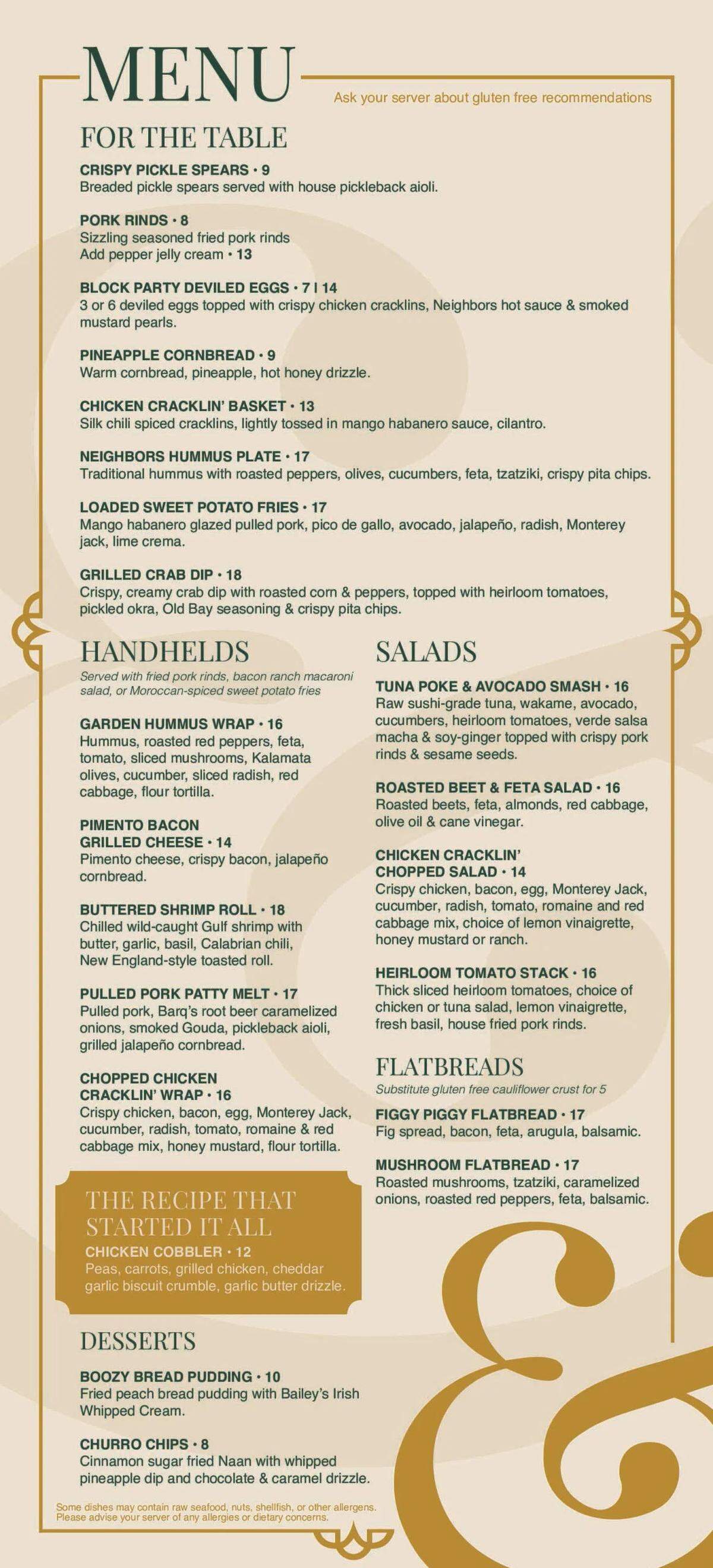 The food menu at Neighbors Tap & Table.