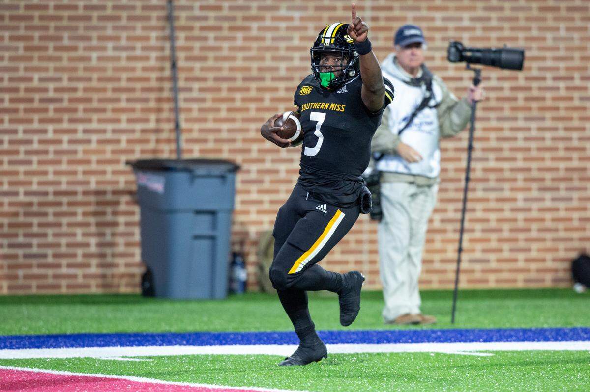 Southern Miss’ Frank Gore Jr. celebrates during the Lending Tree Bowl at Hancock Whitney Stadium in Mobile, Alabama on Saturday, Dec. 17, 2022.