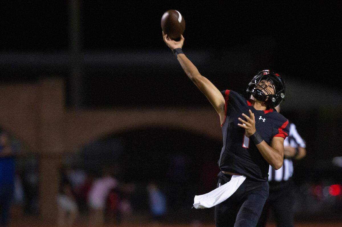 St. Stanislaus’ quarterback Ian Gonzales Rioz throws a pass during a game against the Stone Tomcats at St. Stanislaus High School in Bay St. Louis on Friday, Sept. 29, 2023.