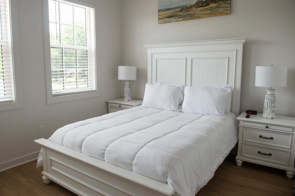 The master bedroom of one of the short term rentals at Cottages by The Gulf, which opened in March, features six short term rental units as well as twelve units that are owned or leased long term.