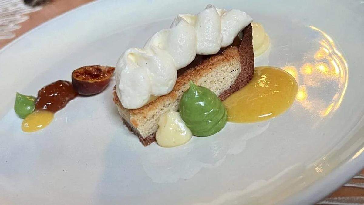 Fig and chai almond tart with matcha, rice koji custard and ginger lemon curd from the tasting menu at Vestige restaurant in Ocean Springs.