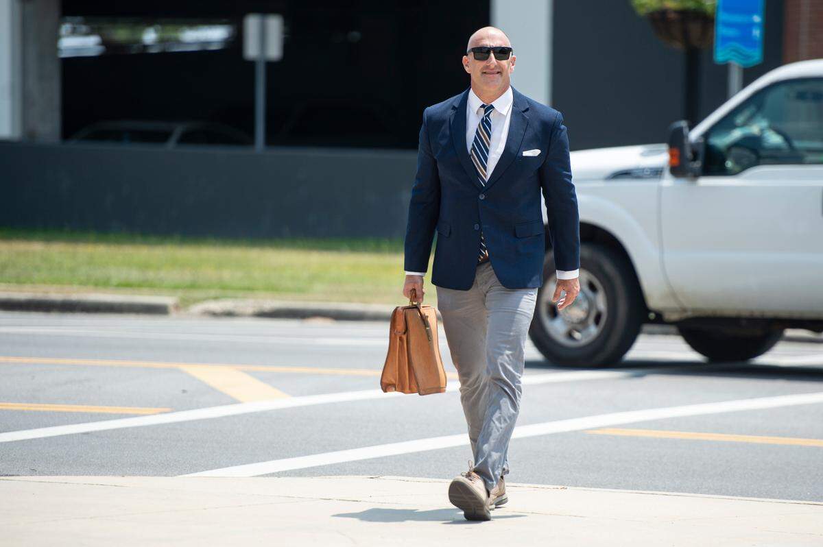 Former Biloxi city councilman Robert Deming’s attorney W. Fred “Dub” Hornsby arrives at Dan M. Russell Federal Courthouse in Gulfport on Tuesday, Aug. 13, 2024, for Deming’s sentencing.