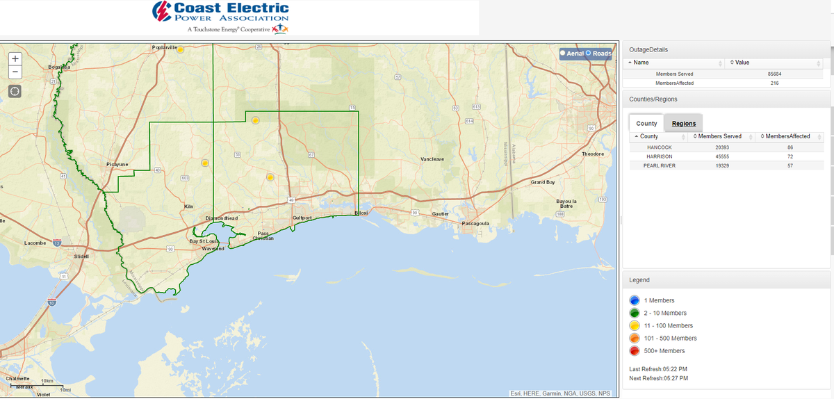 Coast Electric reported 216 power outages Tuesday evening. As of 5:30 p.m. 98 households are still without power.