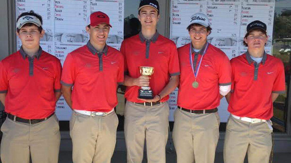 SUBMITTED 
 St. Stanislaus's Walker Montjoy, Vincent Almerico, Matthew Saucier, Patrick Powers and Penn St. Paul pose after winning a high school major at Hattiesburg's Timberton Country Club on Tuesday.