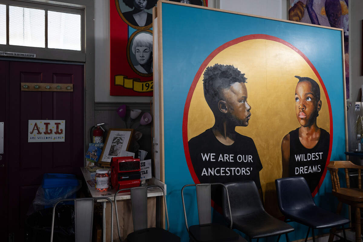 Artwork stands at the doorway of the 100 Men Hall in Bay St. Louis on Tuesday, June 16, 2026.