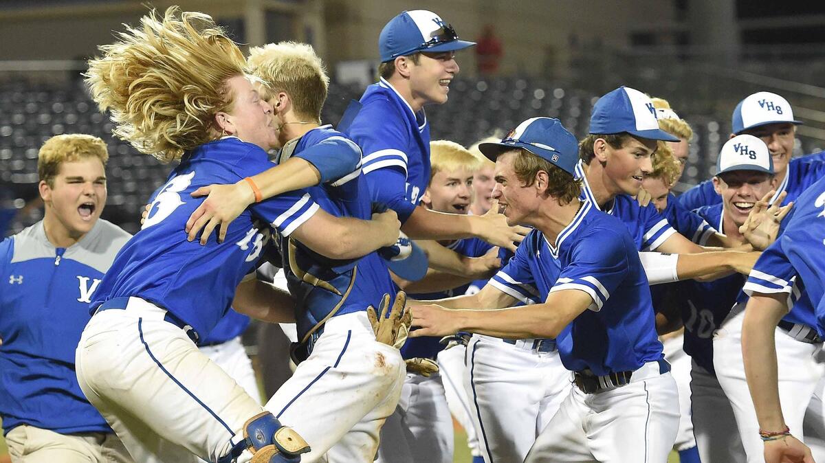 The Vancleave Bulldogs celebrate after beating New Hope for the Class 4A title on May 18, 2018, in the MHSAA State Baseball Championships at Trustmark Park in Pearl.