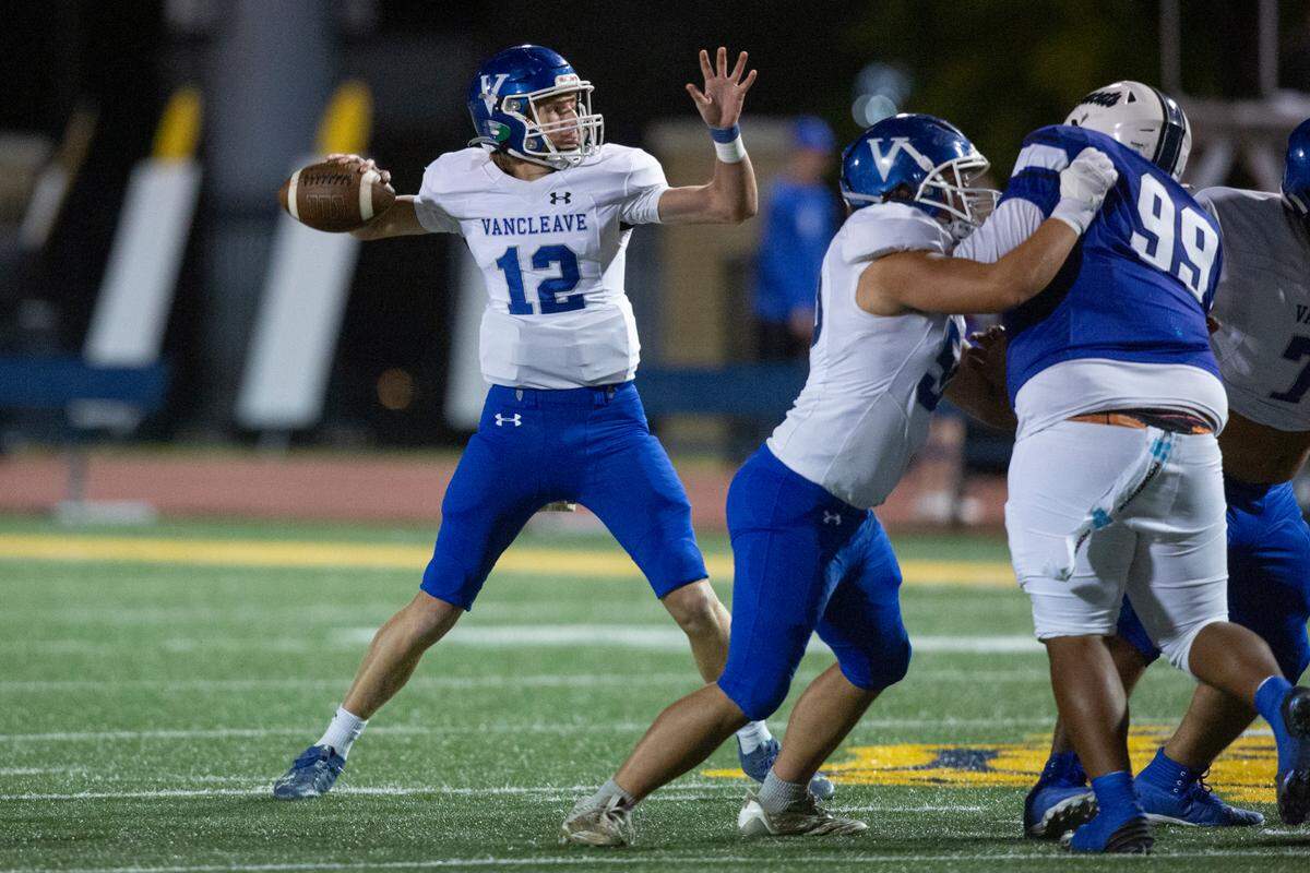 Vancleave’s Wyatt Adams throws a pass during a game between Stone County and Vancleave at MGCCC in Perkinston on Friday, Oct. 18, 2024.