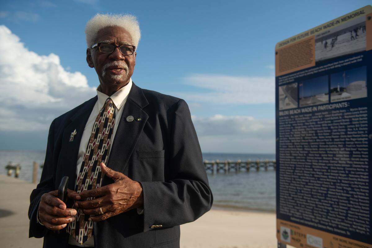 Clemon Perry Jimerson Sr., who participated in the Biloxi Wade-ins when he was 14, describes some of his life experiences as he stands at Biloxi Beach on Thursday, Nov. 7, 2024. Jimerson helped collect the names of the Wade-In participants for a new memorial on Biloxi Beach.