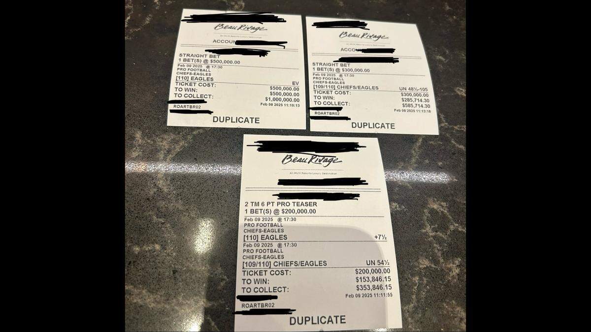 Three bets totaling $1 million were placed at the Beau Rivage Resort & Casino in Biloxi shortly before Sunday’s Super Bowl. It’s believed to be the highest wager on the game.