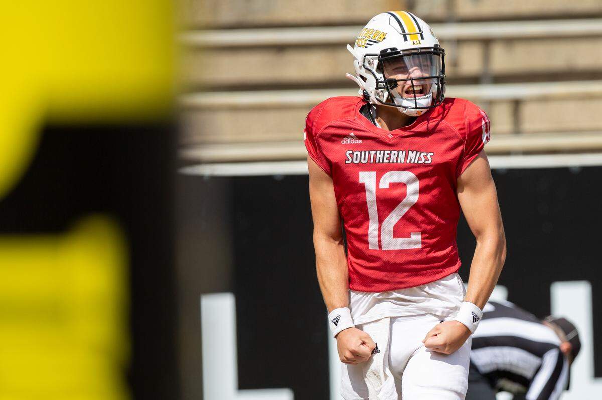 Southern Miss quarterback Zach Wilcke celebrates after scoring a touchdown during a scrimmage at M.M. Roberts Stadium in Hattiesburg on Saturday, March 25, 2023.