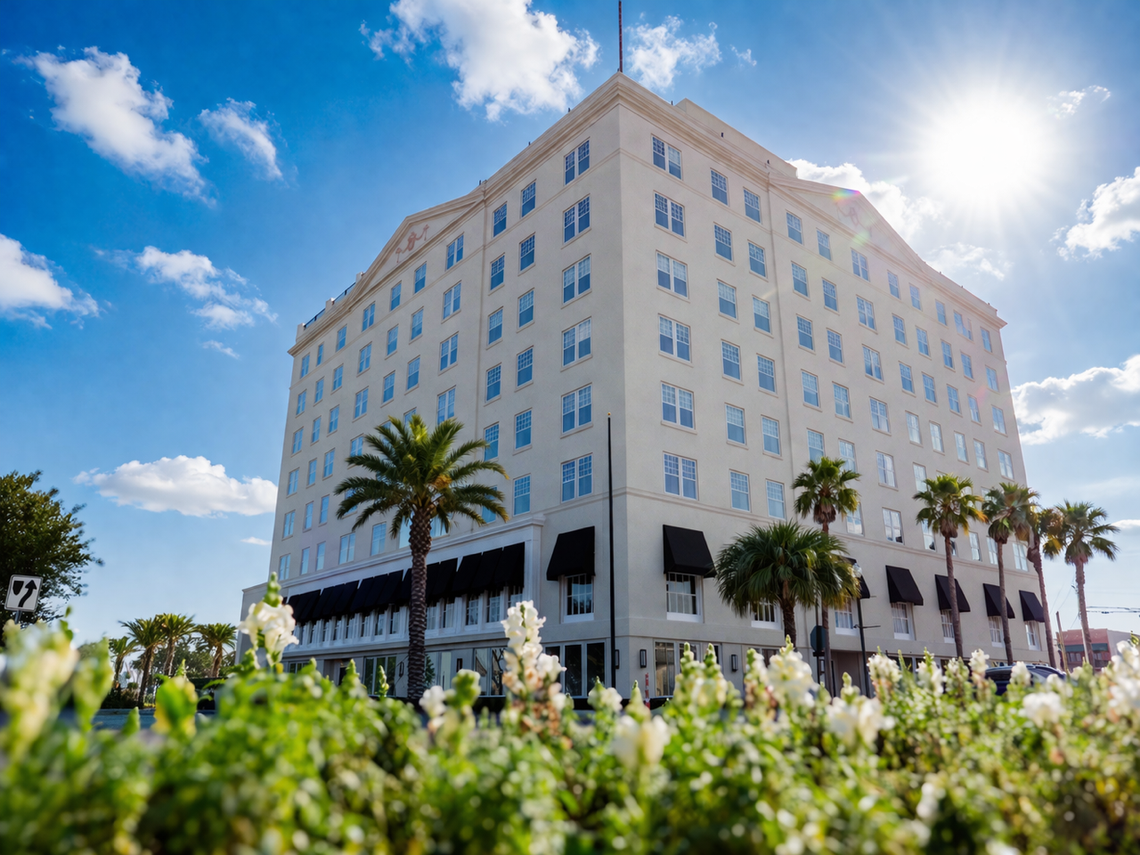 The landmark Markham Hotel in downtown Gulfport looks much as it did when it was built 100 years ago, while the interior is contemporary classic with a touch of art deco.