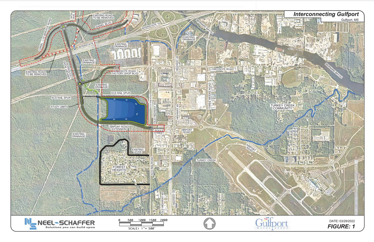 A rendering by Neel Schaffer shows an overview of a proposed road project in Gulfport west of Highway 49. The project involves extending Creosote Road and Airport Road into existing wetlands as well as building a new retention pond to deal with watershed. Critics of the project say it will cause negative environmental impacts and not effectively reduce traffic on Hwy 49.