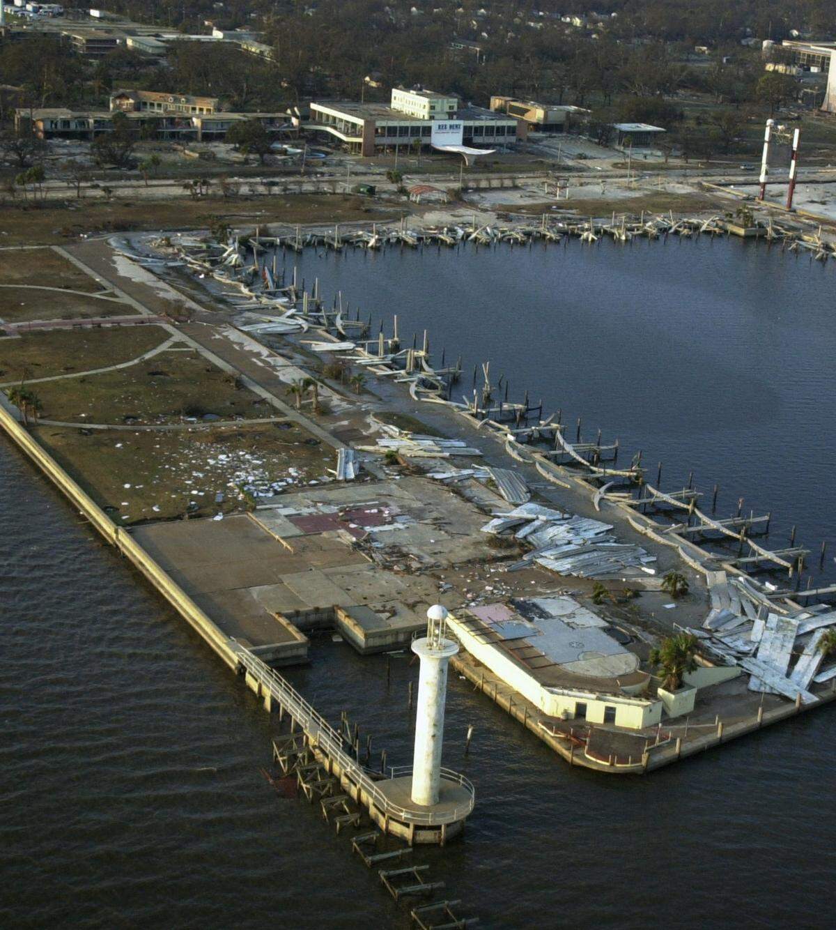 An aerial view of the Broadwater Resort Marina and hotel in Biloxi, Miss., suffered heavy damage and parts of the marina were reduced to rubble by Hurricane Katrina. Hurricane Katrina that made landfall on the Mississippi Gulf Coast on Monday August 29th, 2005.