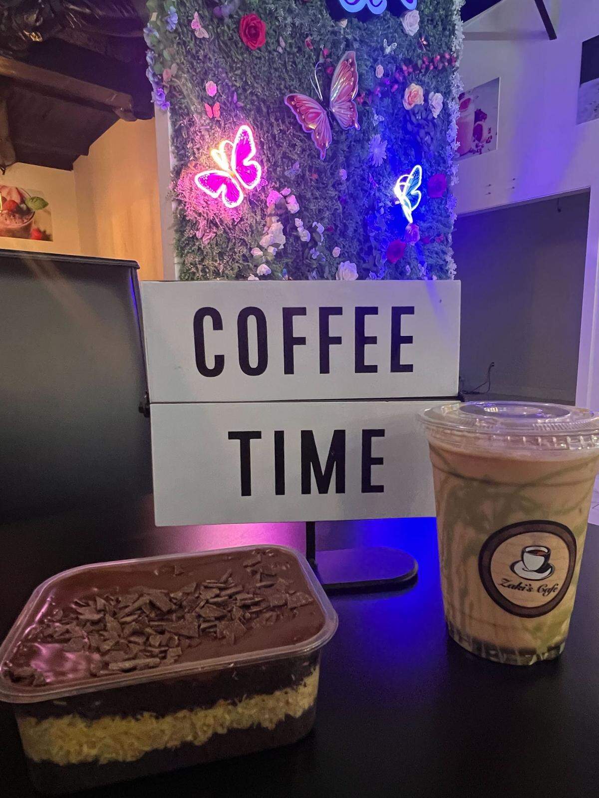 The pistachio latte and Dubai cake from Zaki’s Cafe in Gulfport, Mississippi.